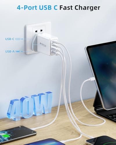 USB C Plug, 40W 4-Port Fast Charger Plug UK Dual Port PD Power Adapter +QC Multi Mains Wall Charger Type C Charging Plug for iPhone 17 16 15 14 13 12 11 Pro Max Plus XS XR SE,Samsung, iPad, AirPods — view 3