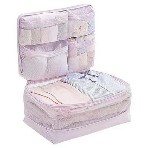 5-in-1 Compression Packing Cube – Hanging Luggage Organizer with 4 Compartments for Clothes & Underwear, Machine Washable Travel Suitcase Accessories,Space-Saving Travel Essentials,17.7x12.6”(Purple)