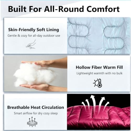 Sleeping Bag for Camping,3 Seasons Sleeping Bags for Adults Backpacking Waterproof, Small Packed Compact Carry Bag, Soft,Thick and Warm for Outdoor Travel,Hiking (Rose Red-Warm Weather 15-25°C) — view 4
