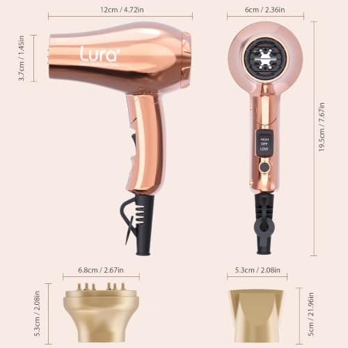 LURA Travel Hair Dryer Dual Voltage with Folding Handle,Rose Gold — view 3