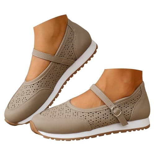 Women's Vintage Perforated Mary Jane Sneakers Chic Buckle Loafers Breathable Walking Shoes for Travel and Weekend Trips Khaki
