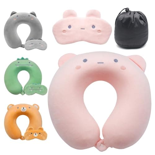 Bear Travel Pillow, Cute Neck Pillow for Kid, Memory Foam Neck Support Pillow(Washable Cover) with Cute Eye Mask for Sleeping Rest on Airplane Lightweight Travel Headrest