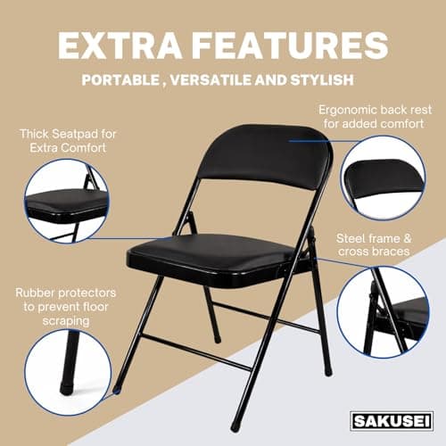 Sakusei Tools Premium Padded Folding Chair with Faux Leather Cushion – Heavy Duty Metal Frame, Foldable Back Rest Chair for Home, Office, Garden, or Computer Desk – Comfortable Cushioned Seat — view 4