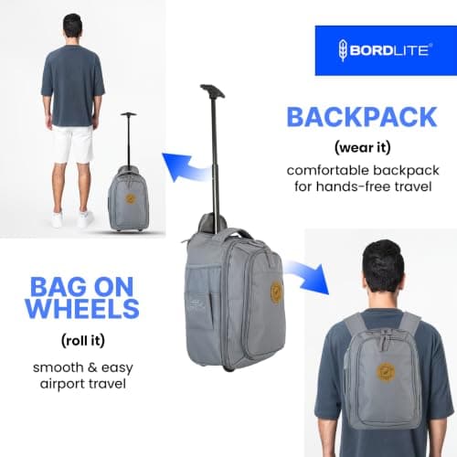 Bordlite Ryanair Cabin Approved Wheeled Backpack 40x25x20cm – 2 in 1 Lightweight Trolley Bag & Rucksack on Wheels (20L) Underseat Hand Luggage for Travel, Business, Weekend Trips - Grey — view 5