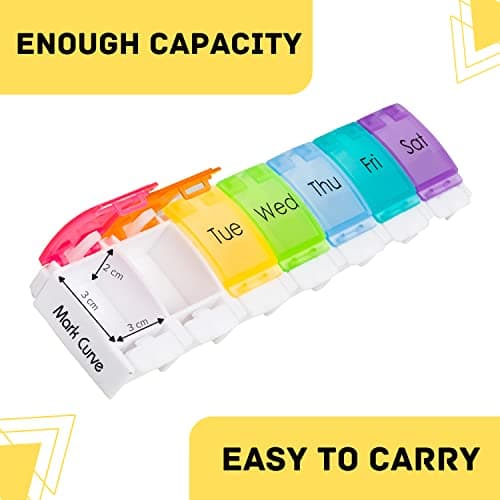 Portable Weekly Pill Box Organiser | Easy to Open 7 Day Premium Quality Tablet Box | Travel Pill Case with Push Button Pop Open Lids |Tablet Organiser for Vitamins, Supplements & Medicine Mark Curve — view 4