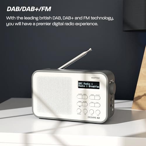 DAB/DAB+ & FM Portable Digital Radio | Simple Controls | Dual Alarms & Sleep Timer | Battery & Mains Powered (4x”AA”) | Bluetooth | Perfect for Home, Office or Outdoors | AZATOM Desire X2 (Grey) — view 2
