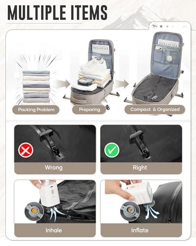 WEPOET Vacuum Backpack Travel with Pump Women, Carry On Laptop Compression Backpack Flight Approved, Ryanair Cabin Bags for Men, Waterproof Travel Bag with Vacuum System(Grey brown) — view 4