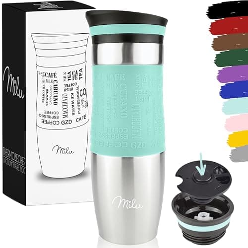 Milu Travel Mug 370ml 450ml - Insulated Coffee Cup to go - 100% Leak Proof - Stainless Steel Drinking Mug - Car Mug Double Wall Insulation Thermo Coffee Flask (Teal, 450ml)