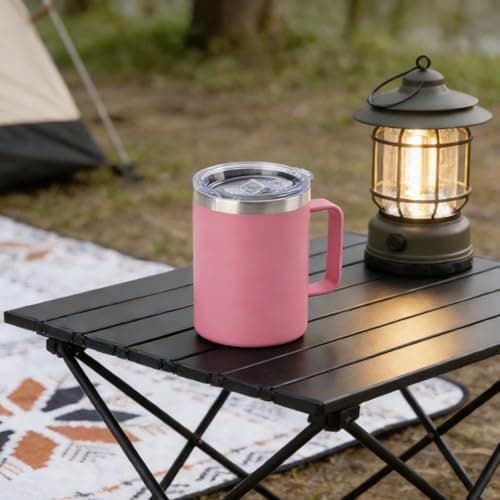 YueXing 16oz Black Insulated Coffee Mug with Handle, Leakproof Double Wall Stainless Steel Travel Mug with Sliding & Straw Lid, Dishwasher Safe for Camping Commuting Hot Cold Drinks (Pink) — view 6