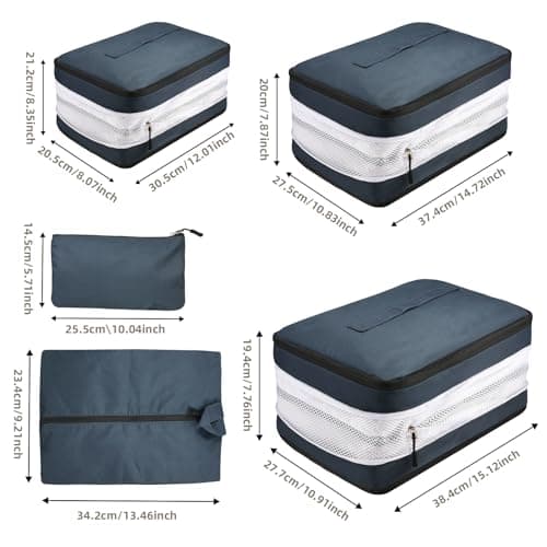 5 Set Compression Packing Cubes for Suitcases, Travel Organiser for Carry on Hand Luggage Newest Double Sided Expandable Packing Bags with Shoes Bag (Navy) — view 2
