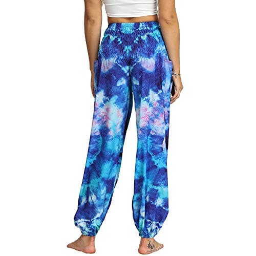 Nuofengkudu Women's Hippie Baggy Harem Trousers Smocked High Waist Soft Bohemian Print Colourful Yoga Pants with Pockets Lightweight Flowy Travel Holiday Beachwear (Blue A,One Size) — view 3