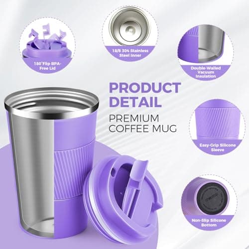 Volhoply 380ml 13oz Stainless Steel Insulated Travel Coffee Mug with Fip Lid,Reusable Double Wall Vacuum Metal Coffee Cup,Portable to Go Leak Proof Cafe Tumbler for Hot & Cold Drinks(Purple,1) — view 3