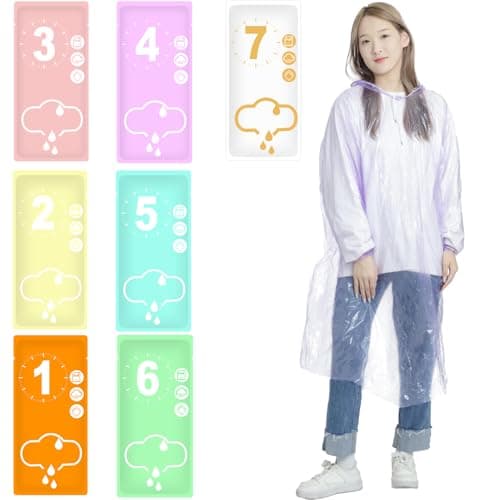 WUBAYI 7 Pack Adult Disposable Rain Poncho Heavy-Duty PE Material, Adjustable Drawstring Hood & Elastic Sleeves, Waterproof Emergency Reusable Plastic Ponchos for Travel, Camping, Hiking, Festivals