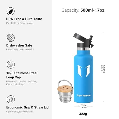 Super Sparrow Stainless Steel Water Bottle - 500ml - Vacuum Insulated Metal Water Bottle - Standard Mouth Flask - BPA Free - Straw Water Bottle for Gym, Travel, Sports — view 3