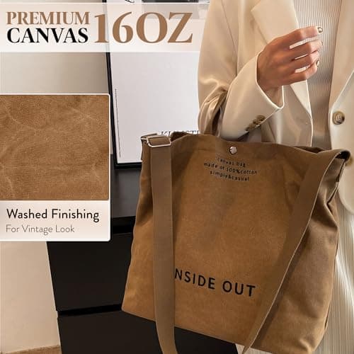 UNLOCKCUP Large Canvas Tote Bag for Women 3 Small Inside Pockets-Vintage Crossbody Handbag for Work, Beach, Travel-16oz Cotton, Coffee, One Size — view 5