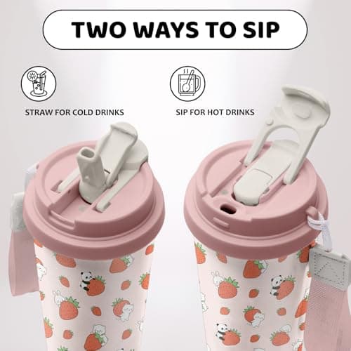 NEIUJADK Strawberry Stainless Steel 2-in-1 Lid Coffee Tumbler 18 oz Cute Strawberries Print Insulated Travel Coffee Mug Strawberry Themed Gifts for Women Girls Birthday Christmas — view 4