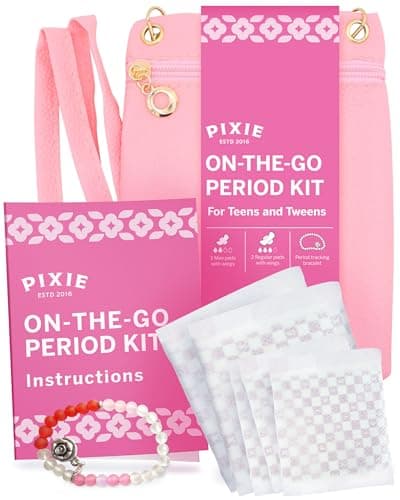 Pixie First Period Kit for Girls 9-12 - Best Organic Cotton Teen Pads with Wings - Period Tracking Bracelet & Discreet Crossbody Bag - On-the-Go Tween Starter Kit & Feminine Care Hygiene Essentials