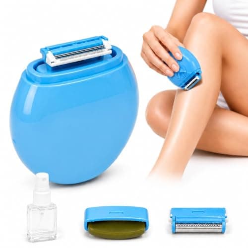 Women’s Compact Travel Razor, Triple Blade with Lubrication Bar, Replaceable Cartridge & Refillable Spray Bottle for Sensitive Skin (Blue)