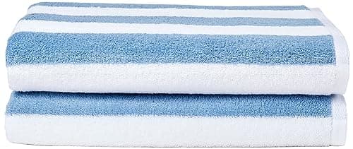 Amazon Basics Striped Beach Towels, Soft & Absorbent Pool Towel, 100% Ring-Spun Cotton, Machine Washable, Quick Dry, OEKO-TEX Certified, Large 30" x 60", Sky Blue Cabana Stripe, 2-Pack — view 3