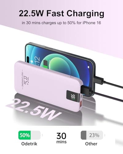 Odetrik Portable Charger 10000mAh 22.5W Power Bank, Fast Charging External Battery Pack with 3 Outputs & 2 Input, Type-C In/Out, LCD Display Portable Phone Charger for Smartphone, Tablets (Purple) — view 2
