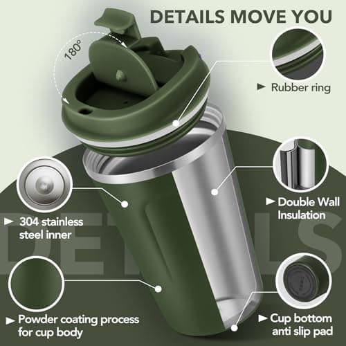 Volhoply 360ml 12oz Double Wall Insulated Vacuum Travel Coffee Mug with Flip Lid,Reusable Stainless Steel Leak Proof Coffee Cup,Cafe Thermal Tumbler Suitable for Hot&Cold Drinks(Army Green,1 Set) — view 4