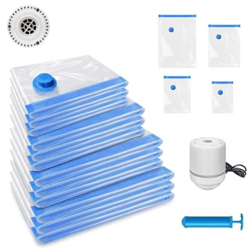 Vacuum Storage Bags for Clothes, 12 Pack Space Saver Bags, Vacuum Compression Zipper Storage Bags,Airtight Valve and 2 Pumps Save 75% Storage Space, for Travel