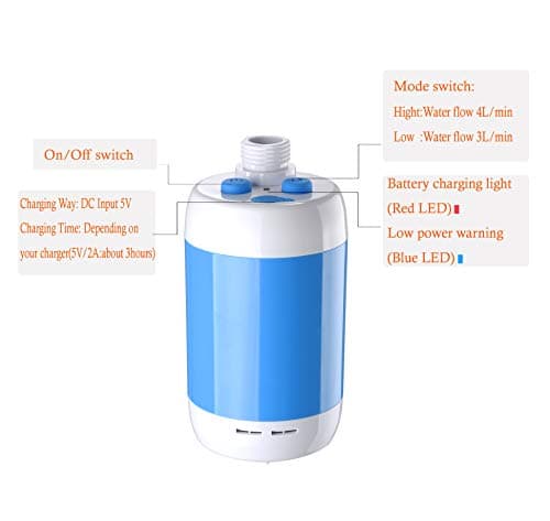 Laserbeak Camping Outdoor Shower Handheld Shower Electric Shower, Water Regulation, 4800 mAh Rechargeable Battery, Shut-off Flow Control and Valve (Blue) — view 2