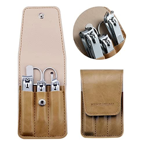 6 Pcs Nail Clipper Set, Stainless Steel Fingernail & Toenail Clippers with Beige PU Leather Case, Ergonomic Sharp Manicure Grooming Kit, Portable Nail Care Gift for Home Travel Men Women