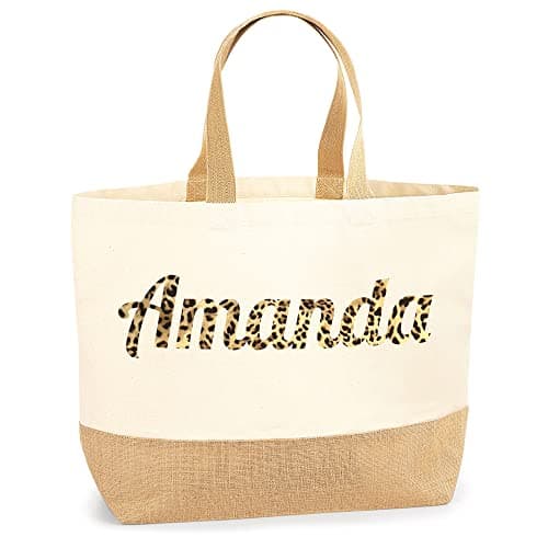 Leopard Print Name Personalised Beach Bag, Womens Shopping Bag Gifts for Her, Custom Multi Purpose Beach Esstentials, Accessory Travel Bags for Girls, Small, Natural