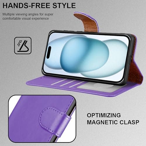 iCatchy for iPhone 15 Case 6.1 Inch, PU Leather Wallet Flip Case with Card Slots, RFID Blocking, Magnetic Closure, Stand, Full Body Protective Folio Cover (Lilac) — view 4