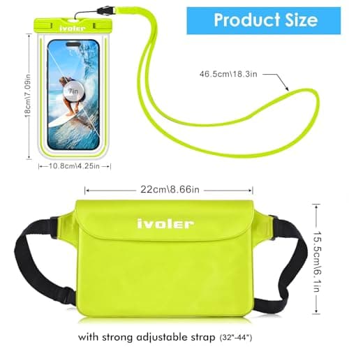 ivoler [2 Pack Waterproof Phone Case & Pouch Set - IPX8 Dry Bag with Waist Strap for Beach, Swimming, Kayaking - Fits iPhone 17 16 15 Pro Max, Samsung (Up to 7.0") - Lime Fluorescent Design — view 2