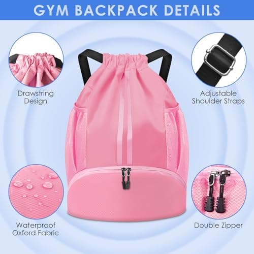 BROTOU Unisex Drawstring Backpack, Waterproof Gym Bag, Large Oxford PE Pack, Students School Backpack, Durable Sports Ball Bag, with Shoe Bag (A, Pink) — view 5