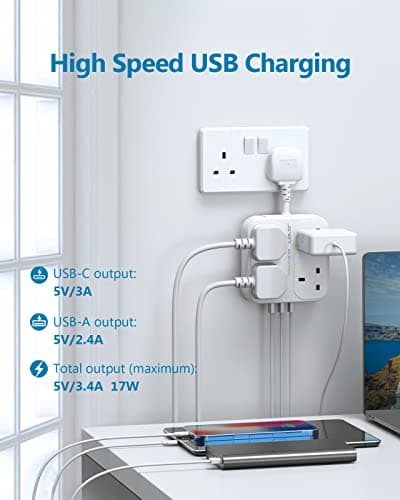 JSVER Plug Extension USB,Extension Lead with 4 USB Slots(3 USBA+1 USB C) Power Socket with 4 Way 4 USB Charging Station(17W) Power Strip Surge Protection for Home Travel,White — view 3
