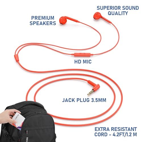 Ludos ZENITH Wired Earbuds in-Ear Headphones, 2 Year Warranty, Earphones with Microphone, Corded for 3.5mm Jack Ear Buds for iPhone, Samsung, Computer, Laptop, Kids, School Students, Woman - Coral — view 2