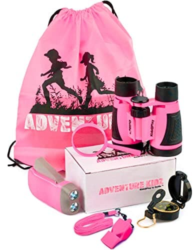 Adventure Kidz Outdoor Exploration Kit, Children’s Binoculars, Flashlight, Compass, Fox Whistle, Magnifying Glass, Backpack. Great Gift Set for Educational, Pretend Play, Ages 3+ Boys Girls (Pink)