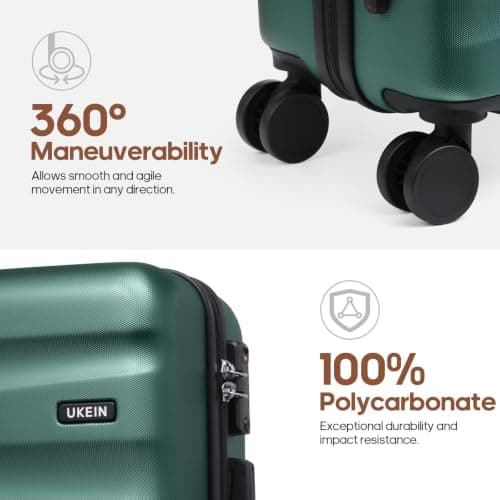 UKEIN Luggage Set with Backpack,Hardshell Carry On Luggage Airline Approved, Dark Green, 3 piece set (20inch), Luggag With Spinner Wheels and Backpack — view 4