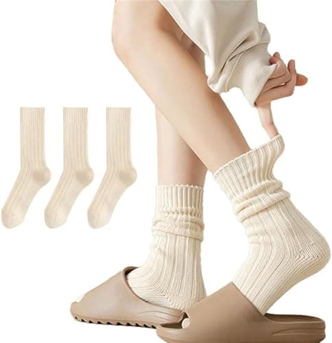 Iordan 3 Pairs Slouch Socks for Women Beige Cotton Cute Knit Aesthetic Crew Socks Breathable Soft running Long Tube Socks (Beige,One Size)
