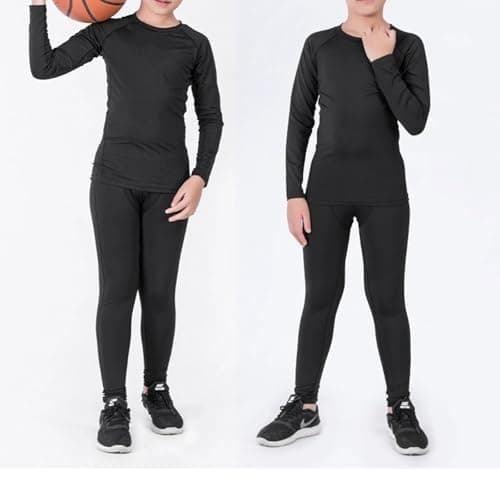 Holimaid Kids Boys Thermal Base Layer Sets Long Sleeve Athletic Compression Suit Ideal for Football Sports Outdoor Sports Performance (Black, 130) — view 2