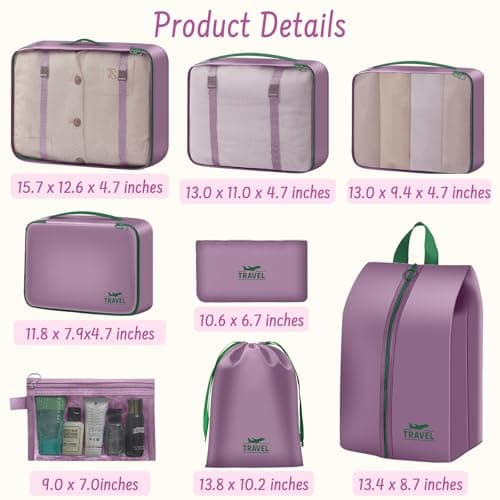 MOFELON 8PCS Packing Cubes for Suitcase, Travel Luggage Organisers for Backpack, Waterproof Storage Bags for Clothes Shoes, Travel Essentials Accessories - PURPLE — view 2