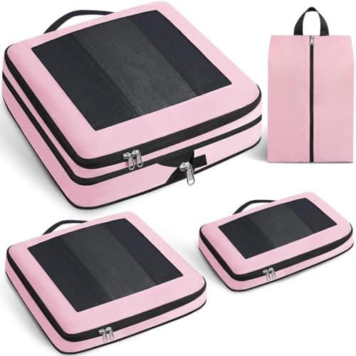 Prezon Large Compression Packing Cubes, Full Open Visible Design, Expandable Packing Organizer with Travel Shoe Bag for Suitcase & Backpack, 4 Set Lightweight Travel Bags for Vacation & Camping