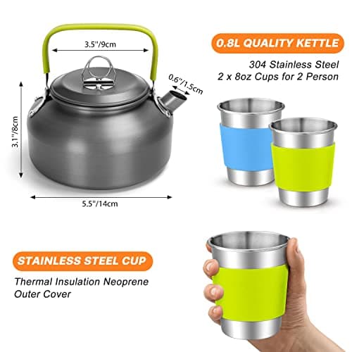 Odoland Camping Cookware Set with Foldable Stove, Non Stick Pot Pan Kettle Set with Stainless Steel Cups Plates Forks Knives Spoons for Outdoor Cooking and Picnic - Camping Cutlery Set Suit 2 People — view 4