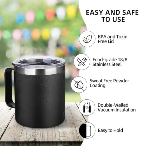 Volhoply 14oz Insulated Stainless Steel Coffee Mug with Leakproof Lid,Double Wall Vacuum Travel Coffee Cup with Handle,Reusable Metal Tumbler,Camping Mugs Keep Hot/Cold,Christmas Gifts(Black,1 — view 4