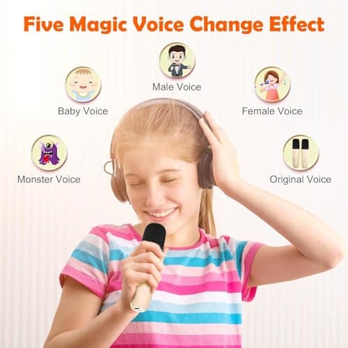 GOHAPHE Karaoke Machine for Kids, Rechargeable Mini Karaoke Machine with 2 Microphones and Voice Changing Effects, Bluetooth Karaoke Speaker for Party, Home, KTV, Travel (Beige) — view 4
