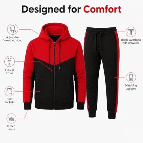MH Home Men’s Premium Fleece Tracksuit Set Zip Hoodie & Jogger Bottoms Comfortable, Warm & Stylish Loungewear Set for Casual Wear, Gym, Travel (UK, Alpha, XL, Plus, Regular, Red/Black) — view 6