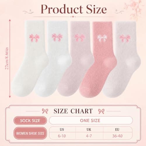 Pragma 5 Pairs Fluffy Socks Womens, Pink Bow Fuzzy Socks, Pastel Thermal Bed Socks for Women, Soft Plush Winter Sleep Slipper Socks, Cute Cozy Home Loungewear Gift for Girls Ladies Birthday Christmas — view 3