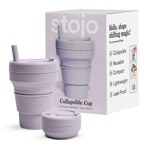 Stojo Collapsible Travel Cup With Straw - Lilac, 16oz / 470ml - Reusable To-Go Pocket Size Silicone Cup for Hot and Cold Drinks - Perfect for Camping and Hiking - Microwave & Dishwasher Safe