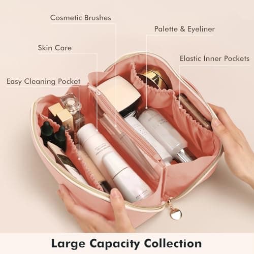 Prite Travel Makeup Bag Flat Lay Cosmetic Case with Brush Pocket, Pink, L — view 3
