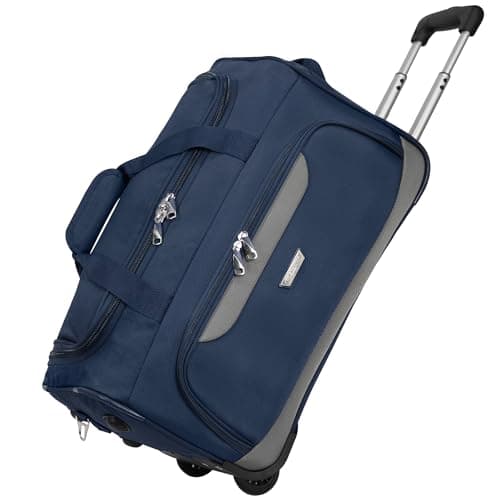 Rocklands® Lightweight Wheeled Holdall Small Duffle Trolley Suitcase Thick Heavy-Duty Cross Nylon EVA-Backed Front, Hard Base Carry On Travel Bag (Small - 20" (H52xW32xD30 cm), Navy)