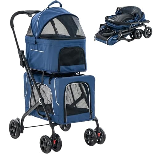 Maxmass 3 in 1 Pet Stroller, Folding Dogs Travel Carrier with Wheels, Safety Belt, Side Pockets, Breathable Mesh & Removable Pad, Pet Travel Cart for Dogs Cats (Blue)
