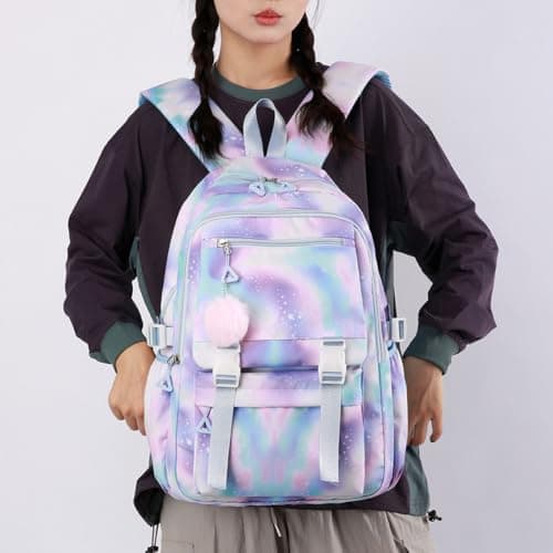 Purple Girls Backpack Kids School Bag with Cute Pendant Elementary Middle Large BookBag for Teen Girls Grade 3-7 Casual Rucksack for School or Travel Outing Anti-Theft Daypack Multiple Pockets 10Years — view 3